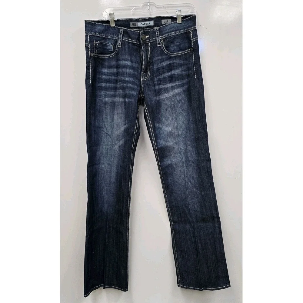 BKE Buckle Carter Straight Jeans Size 31 R   Mens Blue Denim Cotton Thick Stitch